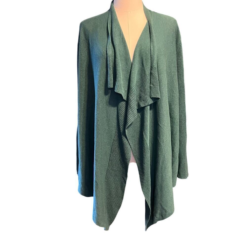 Eileen Fisher Women's Green Knit Open Front Waterfall Cardigan. Size Medium